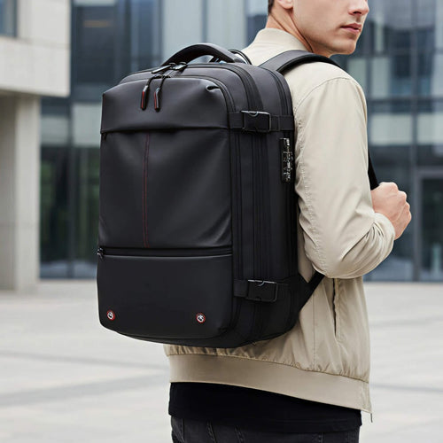 PackTight 60L worn over shoulder, lifestyle travel